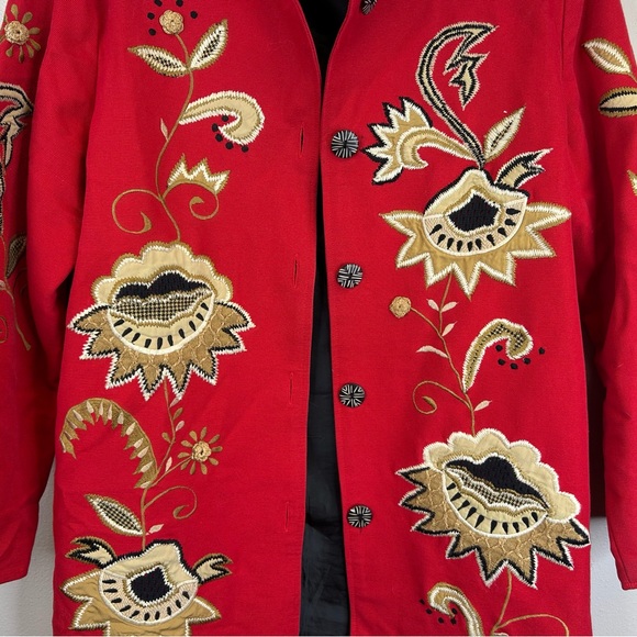 Indigo Moon M Red Floral Embroidered Jacket Floral Oriental Mandarin Buttons - Picture 4 of 15